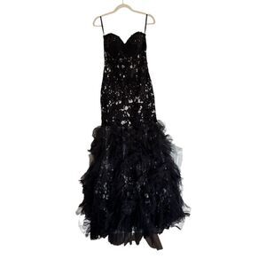 Jovani Ruffle Skirt Slit Sequin Corset Mermaid Gown Women's Black Silver Size 8